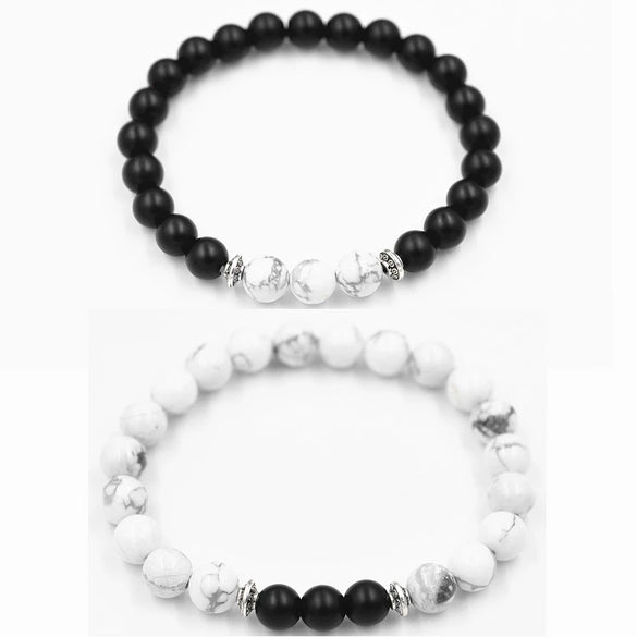 Handmade Agate Bead Couple Bracelet Set With Black And White Turquoise Frosted Green Aventurine And Rose Quartz Unisex Geometry Style