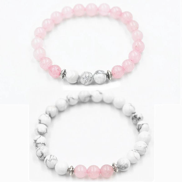 Handmade Agate Bead Couple Bracelet Set With Black And White Turquoise Frosted Green Aventurine And Rose Quartz Unisex Geometry Style