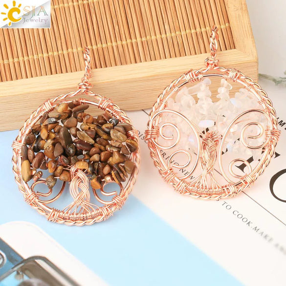Handmade Agate Crystal Tree Pendant Semi Precious Stone Wire Wrapped Jewelry Necklace Pendant Personality Style