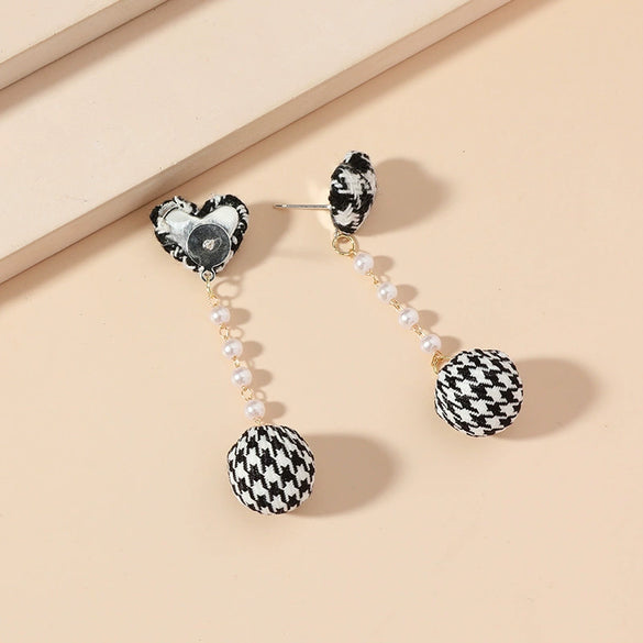 Handmade Alloy And Fabric Plaid Love Ball Pendant Earrings