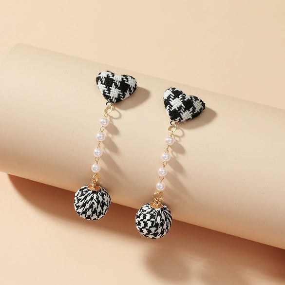 Handmade Alloy And Fabric Plaid Love Ball Pendant Earrings