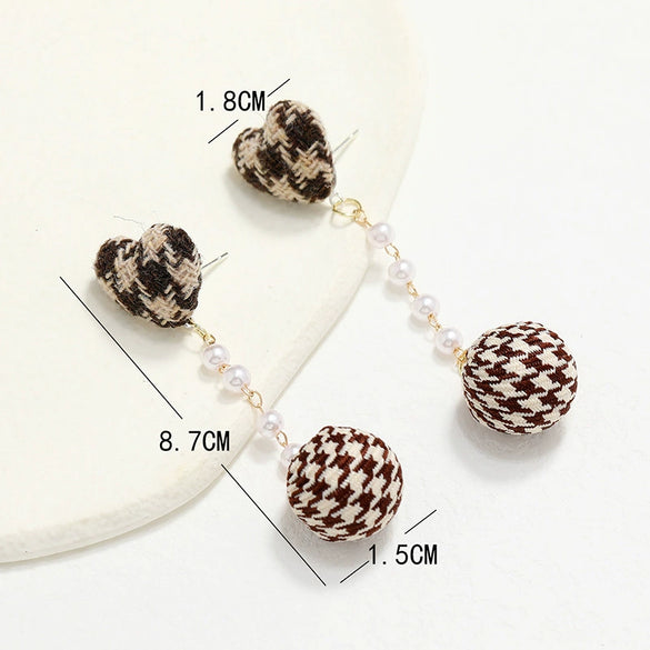 Handmade Alloy And Fabric Plaid Love Ball Pendant Earrings