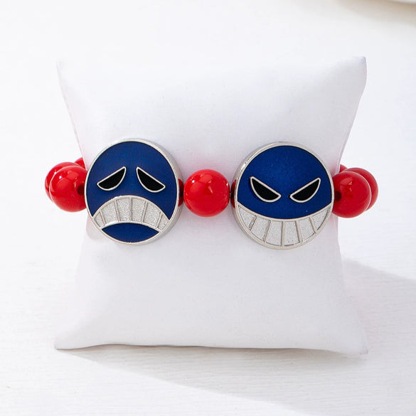 Handmade Alloy Beaded Bracelet With Cartoon Crying Face Pendant Red Beads And Geometric Oil Drip Design For Unisex Wear