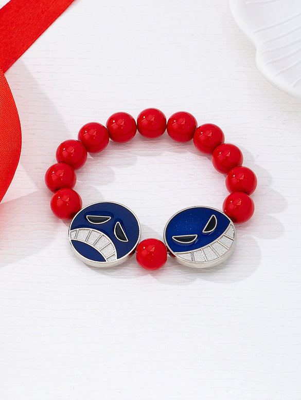Handmade Alloy Beaded Bracelet With Cartoon Crying Face Pendant Red Beads And Geometric Oil Drip Design For Unisex Wear