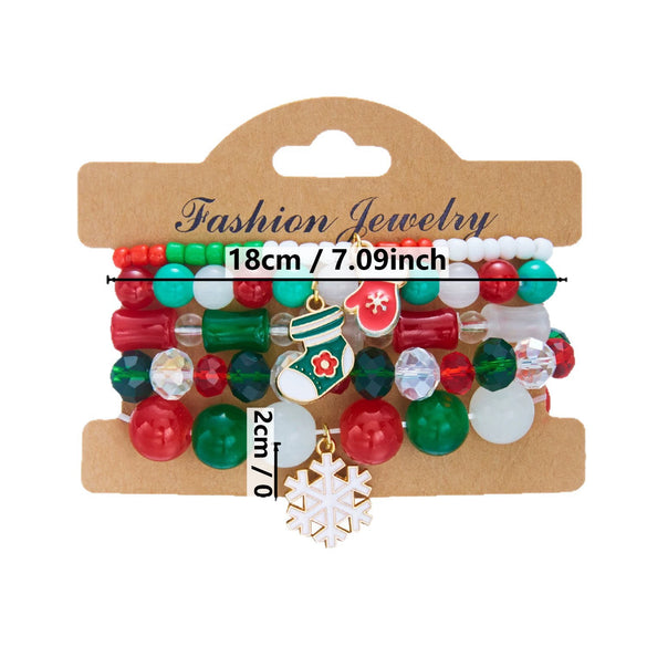 Handmade Alloy Christmas Reindeer And Snowflake Beaded Elastic Bracelet In Red And Green For Unisex Holiday Party Jewelry