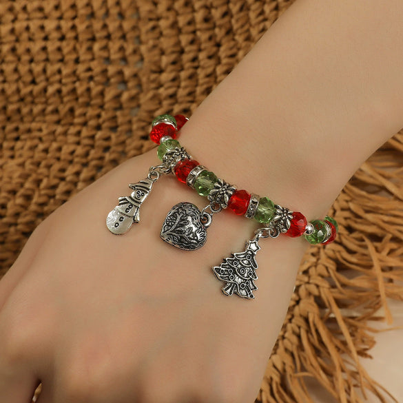 Handmade Alloy Crystal Beaded Christmas Bracelet With Tree Snowman And Love Charms Festive Jewelry For Women