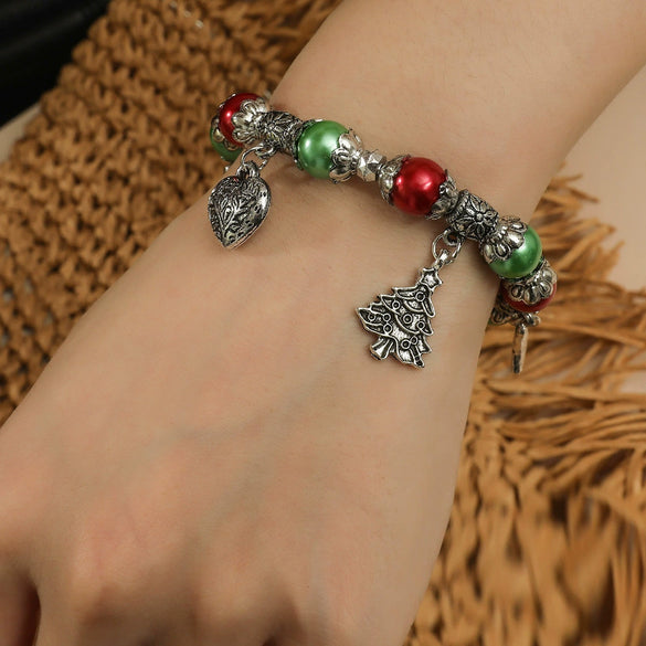 Handmade Alloy Crystal Beaded Christmas Bracelet With Tree Snowman And Love Charms Festive Jewelry For Women