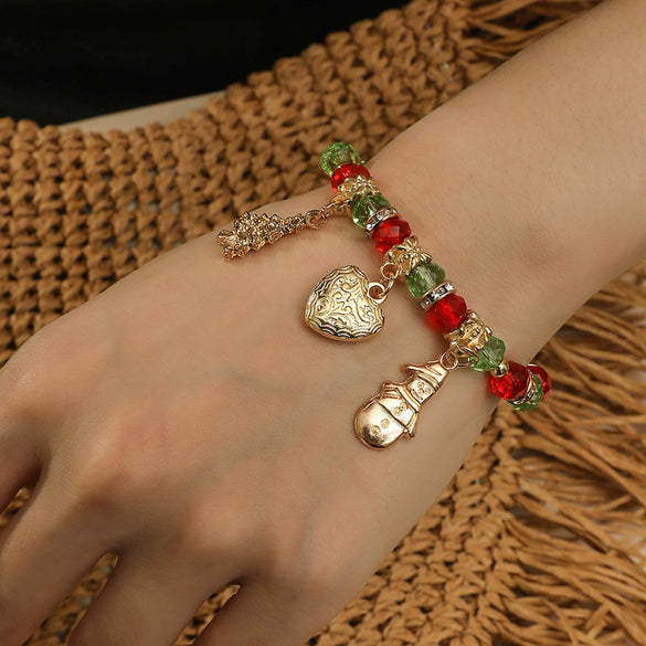 Handmade Alloy Crystal Beaded Christmas Bracelet With Tree Snowman And Love Charms Festive Jewelry For Women