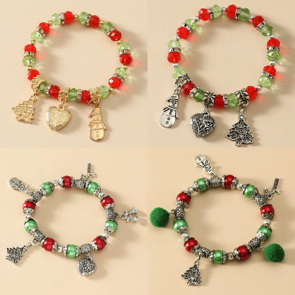 Handmade Alloy Crystal Beaded Christmas Bracelet With Tree Snowman And Love Charms Festive Jewelry For Women