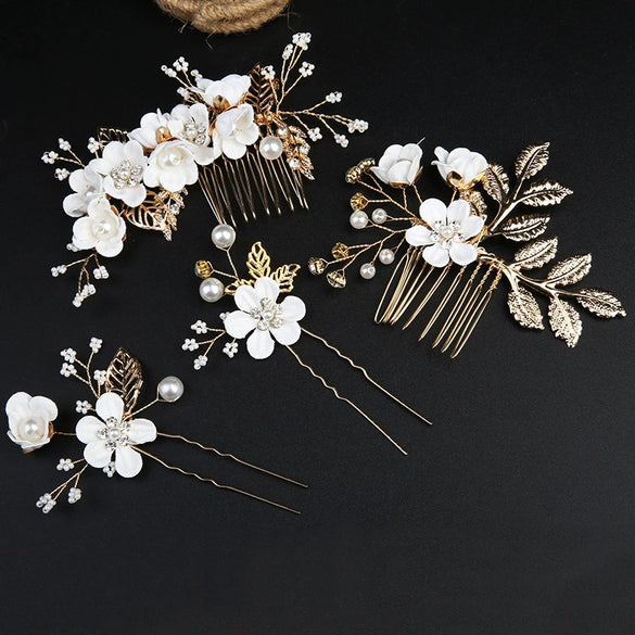 Handmade Alloy Golden Leaf Updo Hair Comb Bridal Headdress Flower Comb Hair Accessories For Women