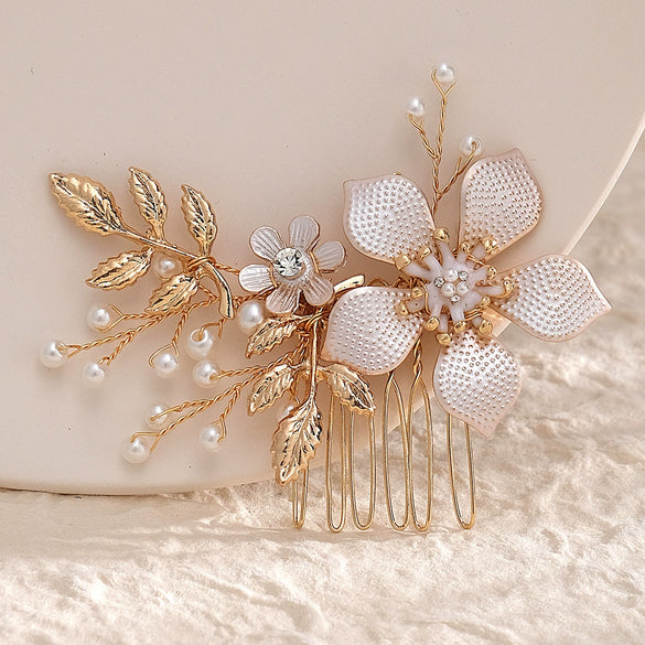 Handmade Alloy Pearl Flower Bridal Hair Comb Wedding Hair Accessory For Women's Wedding Dresses