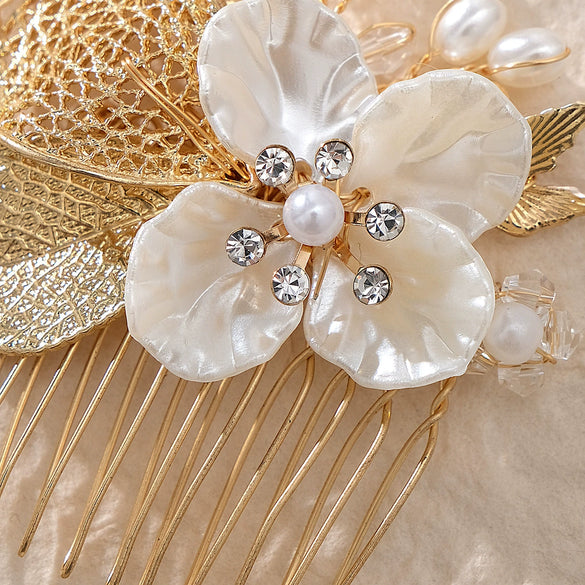 Handmade Alloy Pearl Flower Hair Comb Bridal Hair Accessory For Women Wedding And Formal Dress