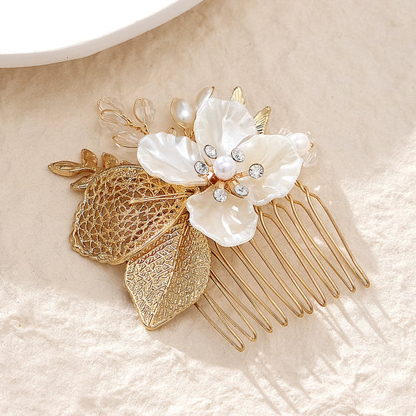 Handmade Alloy Pearl Flower Hair Comb Bridal Hair Accessory For Women Wedding And Formal Dress