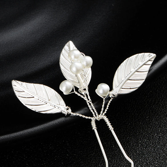 Handmade Alloy Pearl Leaf U Shaped Hair Pin Bridal Updo Hair Accessory For Bridesmaids And Children