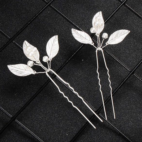 Handmade Alloy Pearl Leaf U Shaped Hair Pin Bridal Updo Hair Accessory For Bridesmaids And Children