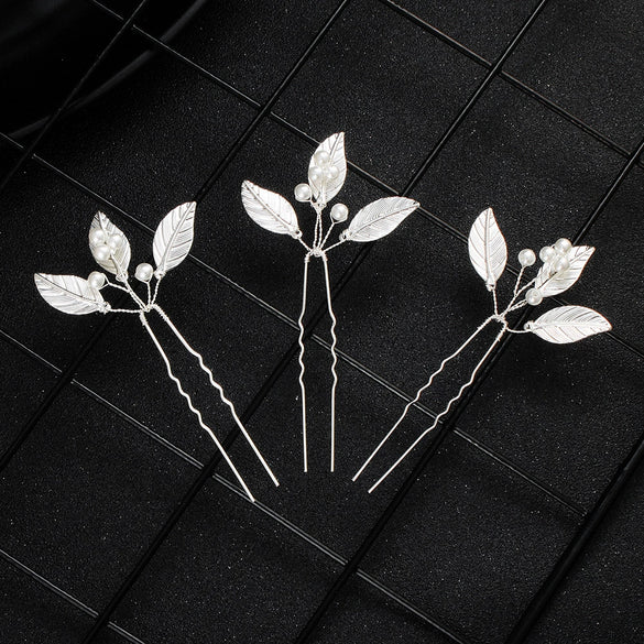 Handmade Alloy Pearl Leaf U Shaped Hair Pin Bridal Updo Hair Accessory For Bridesmaids And Children