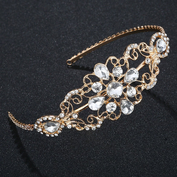 Handmade Alloy Rhinestone Floral Bridal Crown Headband Retro Cutout Wide Wedding Hair Accessory For Women