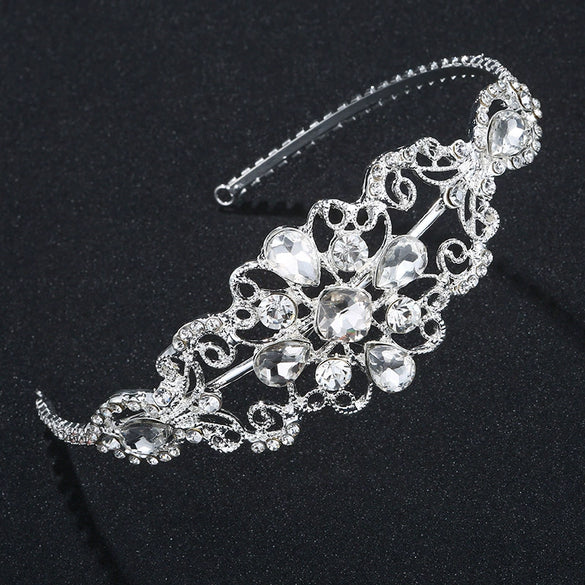 Handmade Alloy Rhinestone Floral Bridal Crown Headband Retro Cutout Wide Wedding Hair Accessory For Women
