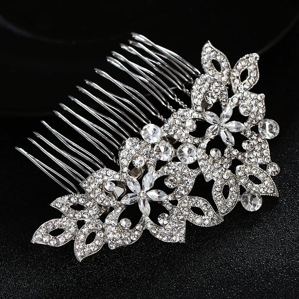 Handmade Alloy Rhinestone Leaf And Flower Hair Comb Elegant Bridal Hair Jewelry For Women