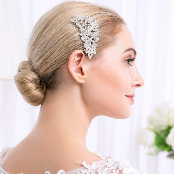 Handmade Alloy Rhinestone Leaf And Flower Hair Comb Elegant Bridal Hair Jewelry For Women