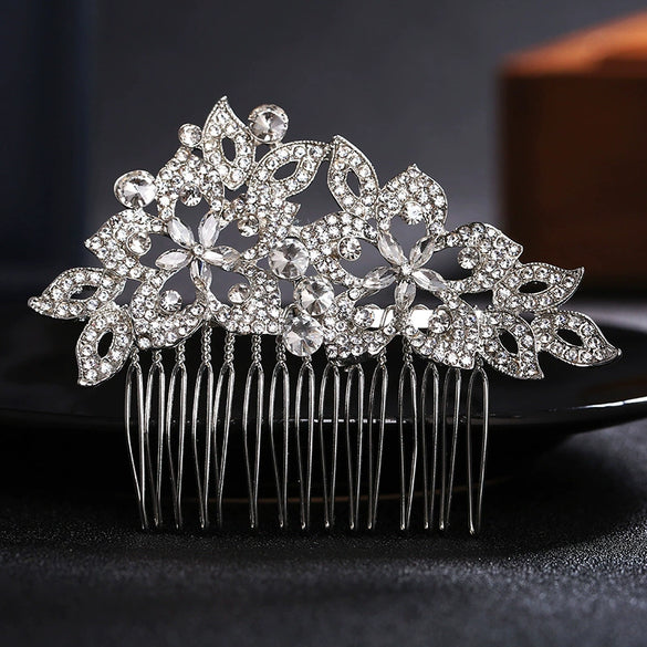 Handmade Alloy Rhinestone Leaf And Flower Hair Comb Elegant Bridal Hair Jewelry For Women