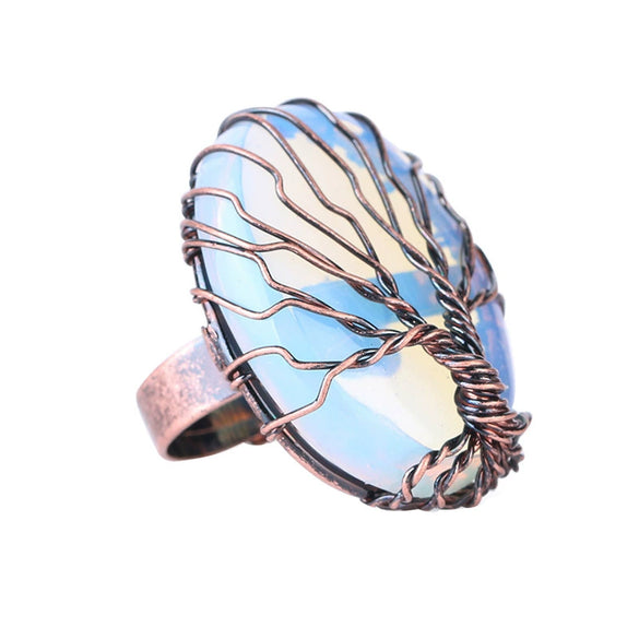 Handmade Antique Copper Tree Of Life Adjustable Ring With Natural Stone Single Gem Winding Design Minimalist Unisex Jewelry