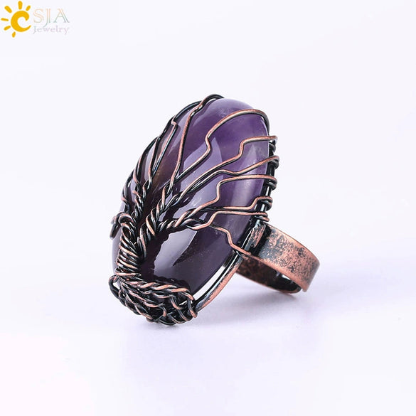 Handmade Antique Copper Tree Of Life Adjustable Ring With Natural Stone Single Gem Winding Design Minimalist Unisex Jewelry