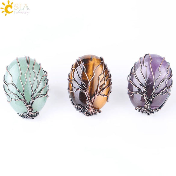Handmade Antique Copper Tree Of Life Adjustable Ring With Natural Stone Single Gem Winding Design Minimalist Unisex Jewelry