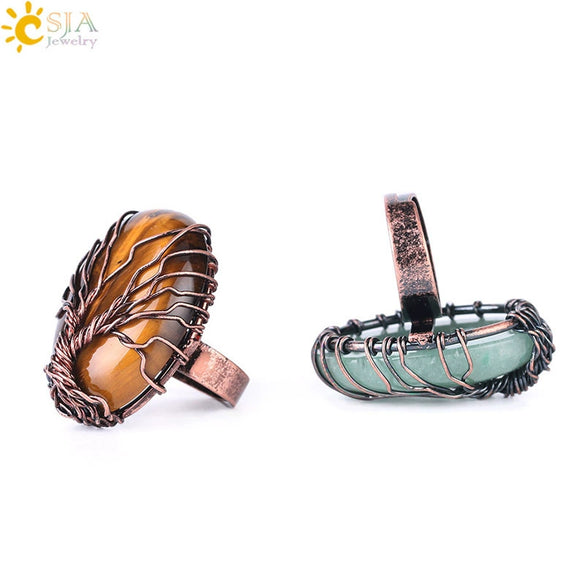 Handmade Antique Copper Tree Of Life Adjustable Ring With Natural Stone Single Gem Winding Design Minimalist Unisex Jewelry