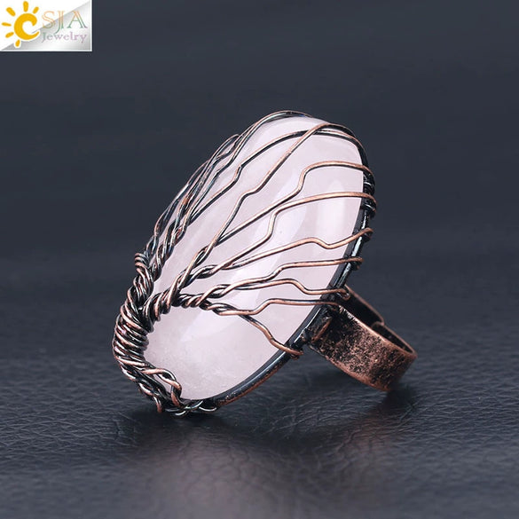 Handmade Antique Copper Tree Of Life Adjustable Ring With Natural Stone Single Gem Winding Design Minimalist Unisex Jewelry