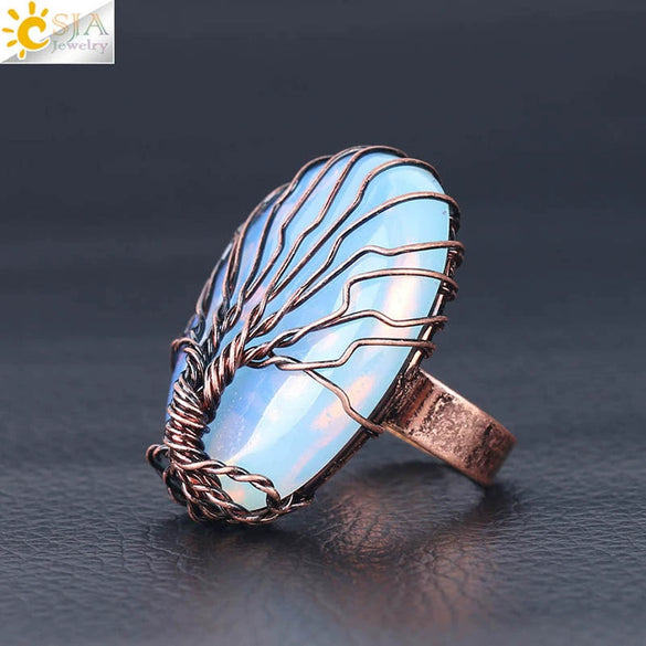 Handmade Antique Copper Tree Of Life Adjustable Ring With Natural Stone Single Gem Winding Design Minimalist Unisex Jewelry