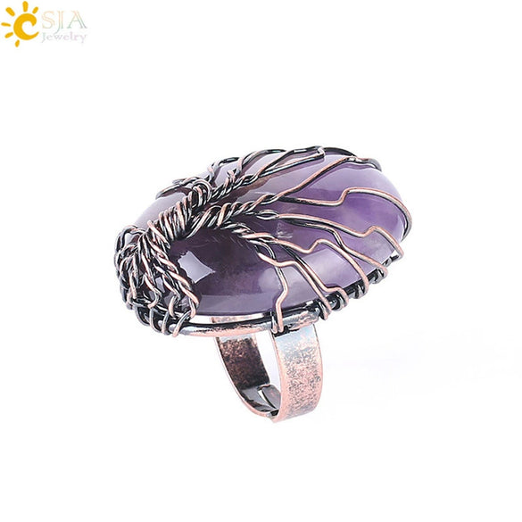 Handmade Antique Copper Tree Of Life Adjustable Ring With Natural Stone Single Gem Winding Design Minimalist Unisex Jewelry
