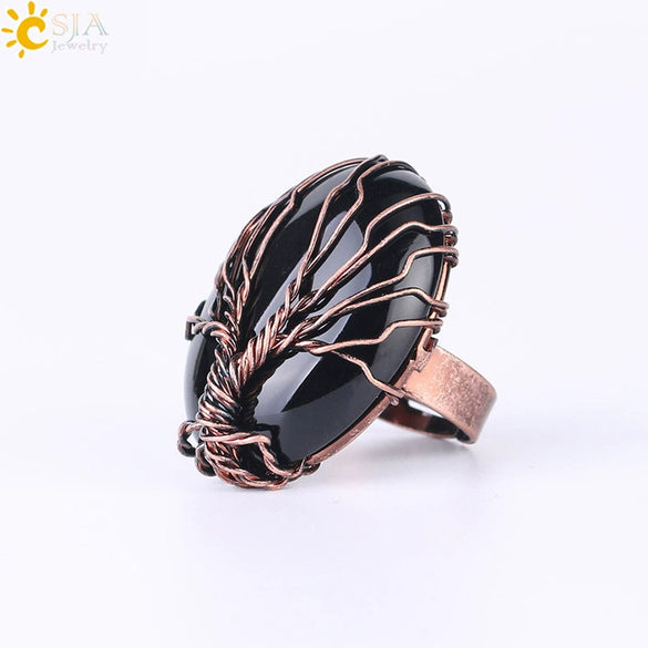 Handmade Antique Copper Tree Of Life Adjustable Ring With Natural Stone Single Gem Winding Design Minimalist Unisex Jewelry