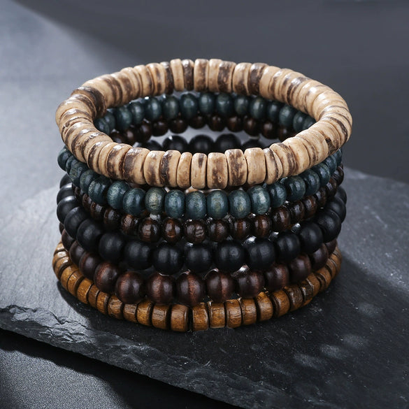 Handmade Beaded Bracelet Suit Unisex Retro Style Stone And Wooden Beads Geometric Pattern