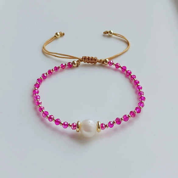 Handmade Beaded Facet Crystal And Natural Freshwater Pearl Women's Bracelet With Geometric Pattern And Handwoven Design