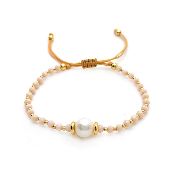 Handmade Beaded Facet Crystal And Natural Freshwater Pearl Women's Bracelet With Geometric Pattern And Handwoven Design