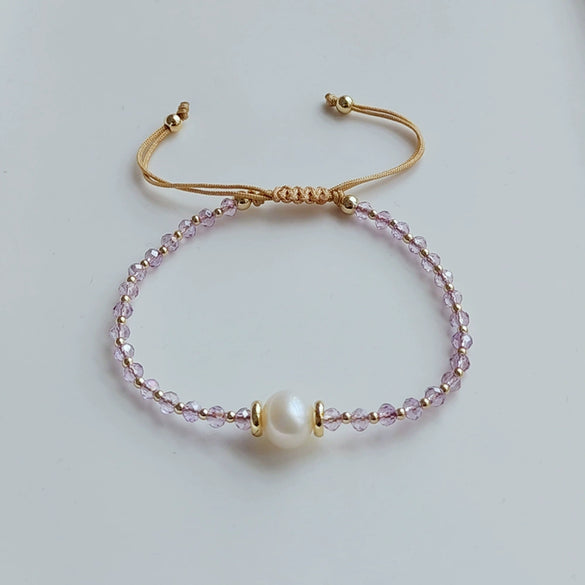 Handmade Beaded Facet Crystal And Natural Freshwater Pearl Women's Bracelet With Geometric Pattern And Handwoven Design