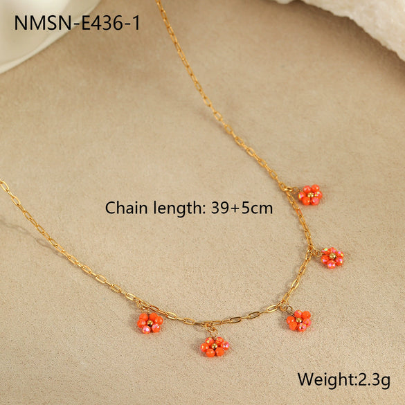 Handmade Beaded Flower Stainless Steel Geometric Necklace For Women With Electroplating Fashion Style