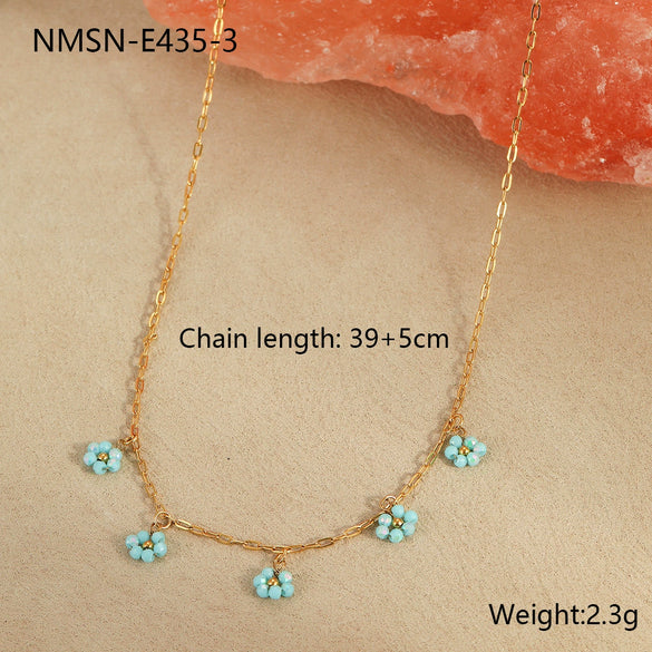 Handmade Beaded Flower Stainless Steel Geometric Necklace For Women With Electroplating Fashion Style