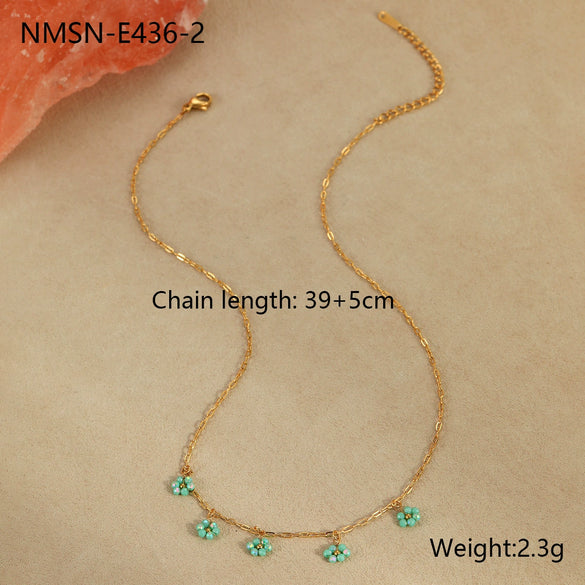Handmade Beaded Flower Stainless Steel Geometric Necklace For Women With Electroplating Fashion Style