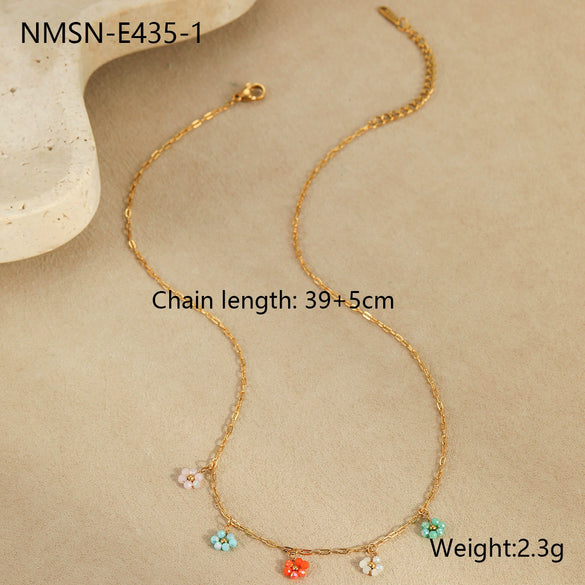 Handmade Beaded Flower Stainless Steel Geometric Necklace For Women With Electroplating Fashion Style