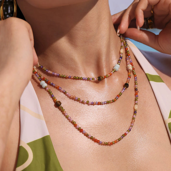 Handmade Beaded Geometric Tiger Eye Clavicle Necklace For Women Stainless Steel And Titanium Steel With Electroplating