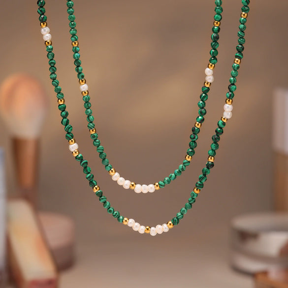 Handmade Beaded Malachite Natural Freshwater Pearl Clavicle Necklace For Women Geometric Style Stainless Steel Titanium Steel Electroplating