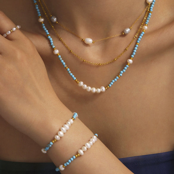 Handmade Beaded Natural Freshwater Pearl And Pine Stone Light Luxury Necklace And Bracelet