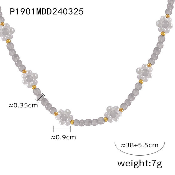 Handmade Beaded Natural Stone And Titanium Steel Ball Chain Necklace For Women With Geometric Style
