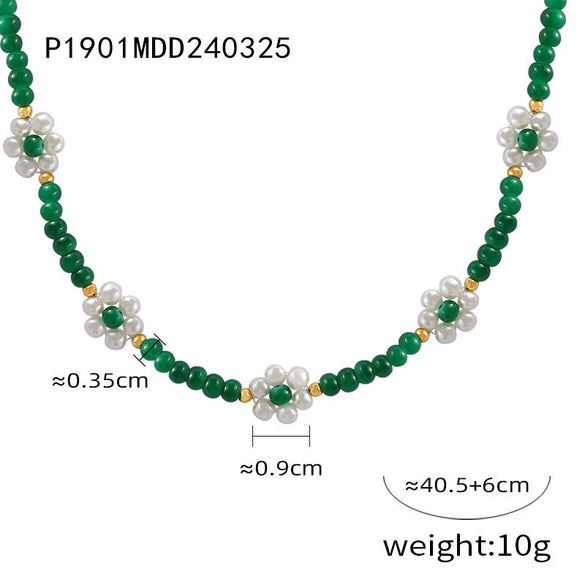 Handmade Beaded Natural Stone And Titanium Steel Ball Chain Necklace For Women With Geometric Style