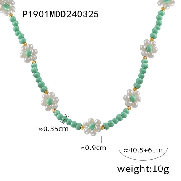 Handmade Beaded Natural Stone And Titanium Steel Ball Chain Necklace For Women With Geometric Style