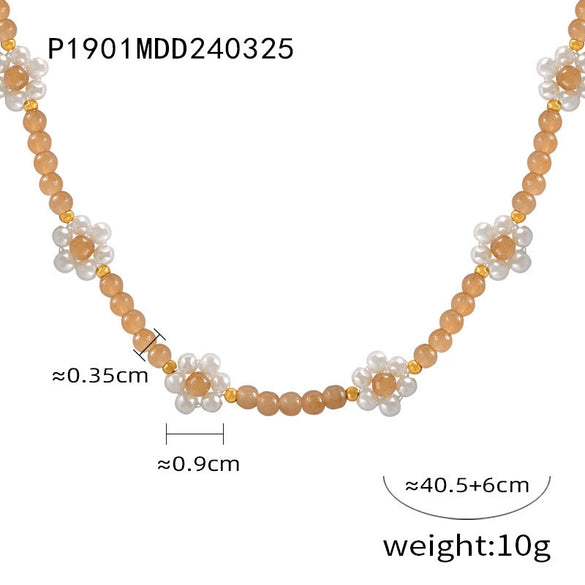Handmade Beaded Natural Stone And Titanium Steel Ball Chain Necklace For Women With Geometric Style