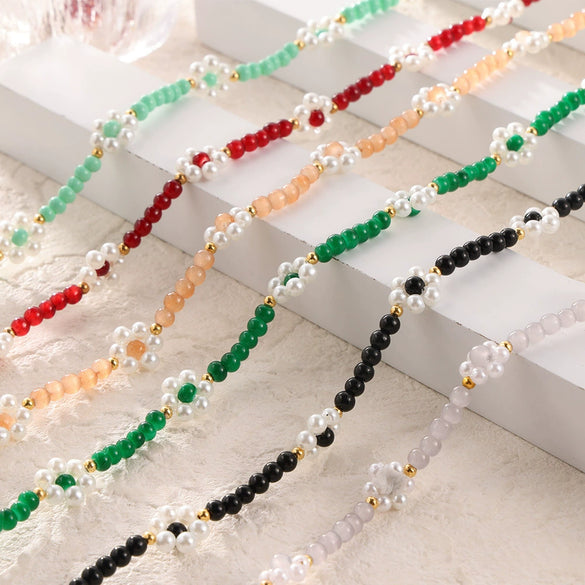 Handmade Beaded Natural Stone And Titanium Steel Ball Chain Necklace For Women With Geometric Style