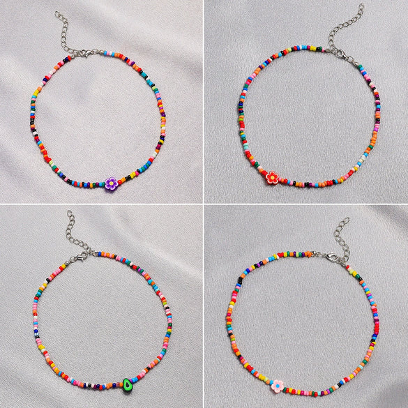 Handmade Beaded Necklace With Clay Flower Pattern For Women Bohemian Style Clavicle Chain